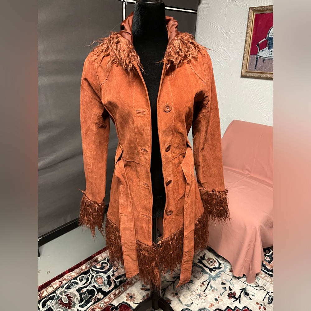 SOLD! Beautiful like new 100% Genuine Suede Leather Camel Brown Hooded Coat.